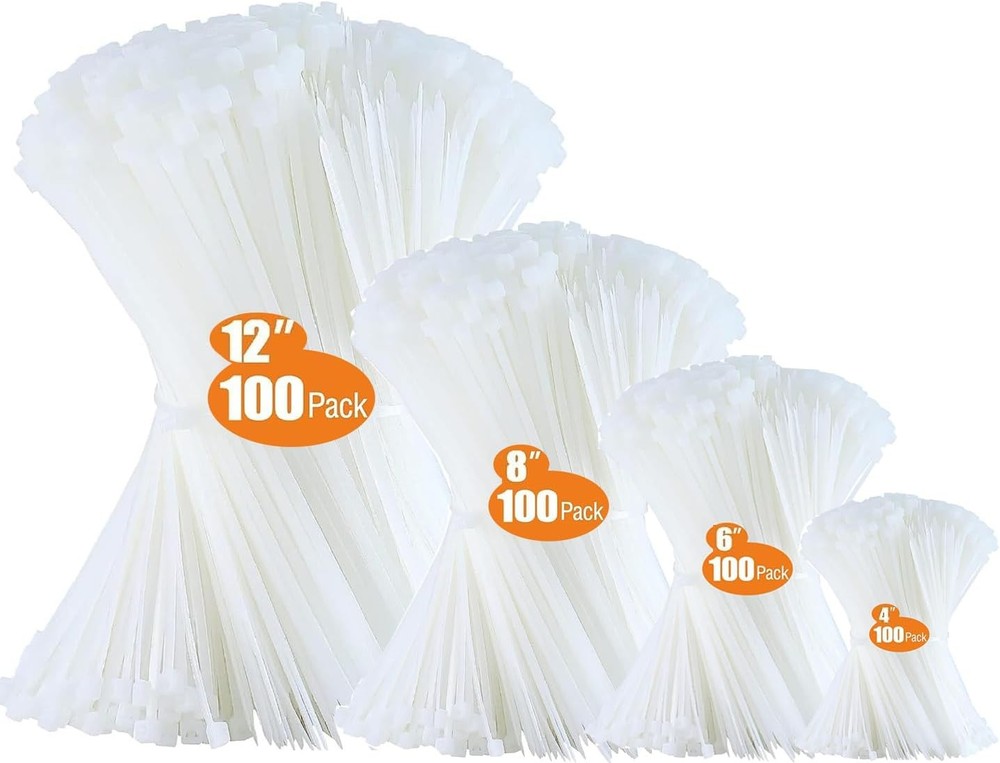 400-Pack Zip Ties Assorted Sizes 4/6/8/12-inch Heavy Duty Cable Ties Black