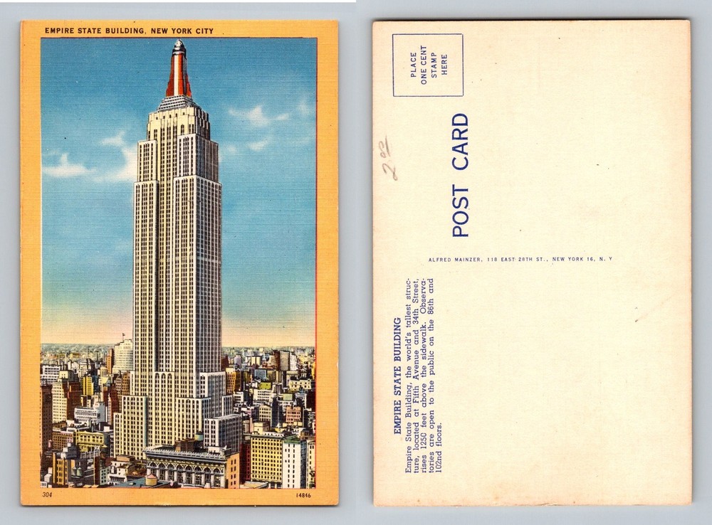New York City NY, Empire State Building Daytime Skyline Vintage Postcard