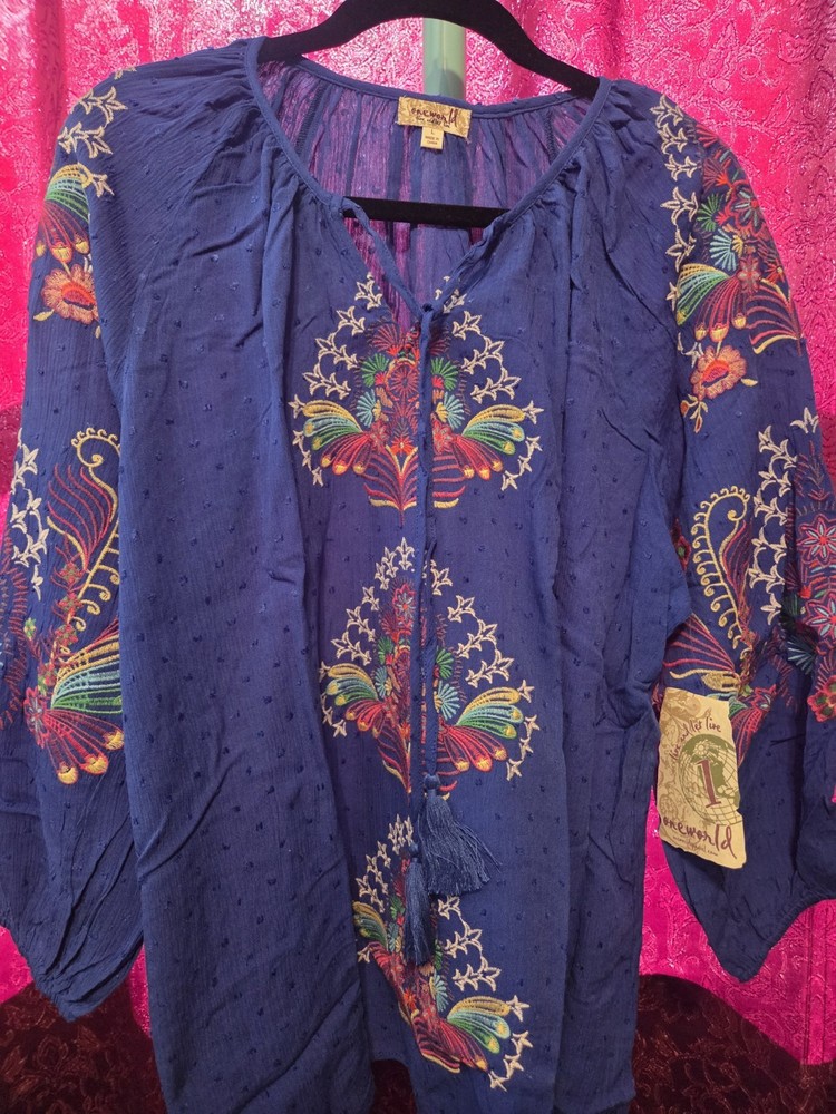 One World Cobal Blue Women's Embroidered Top. Sz L. NWT.      #504