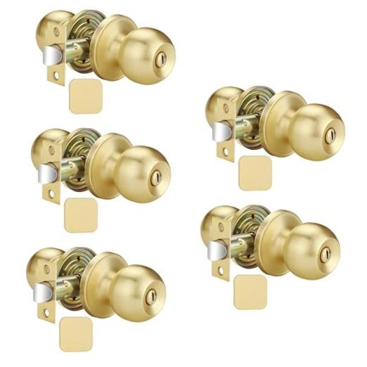 Satin Brass Door Knobs Interior, Bathroom/Bedroom Door 5 Pack Privacy Door Knob