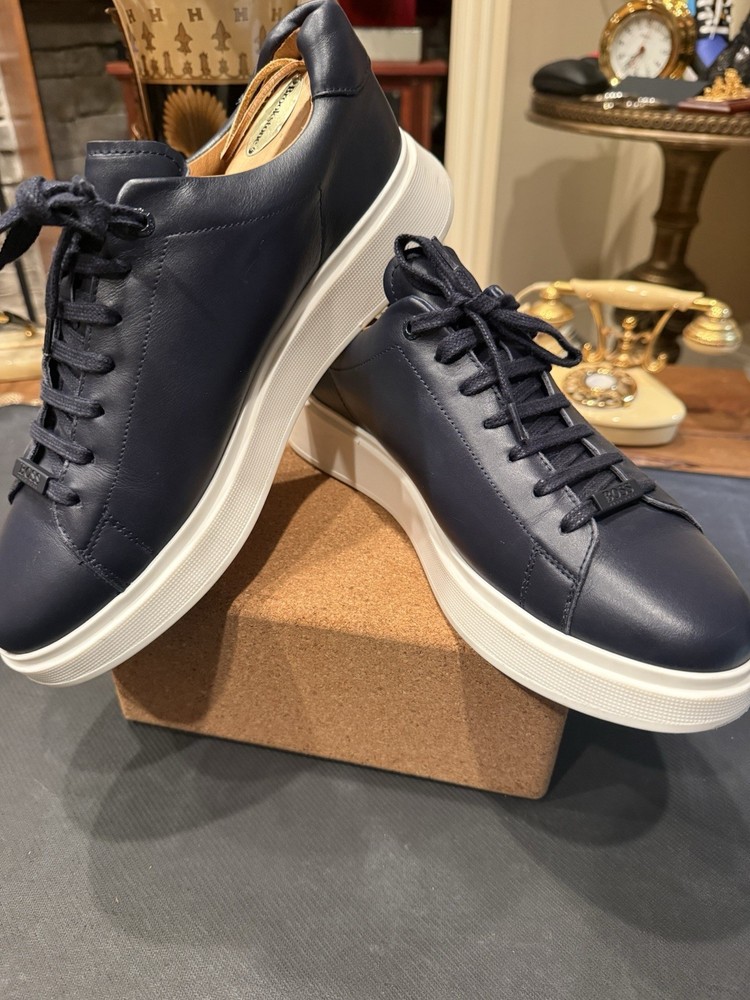 BOSS Blue/White Leather Sneakers Men's Lace Up Casual Logo Round Toe US 10