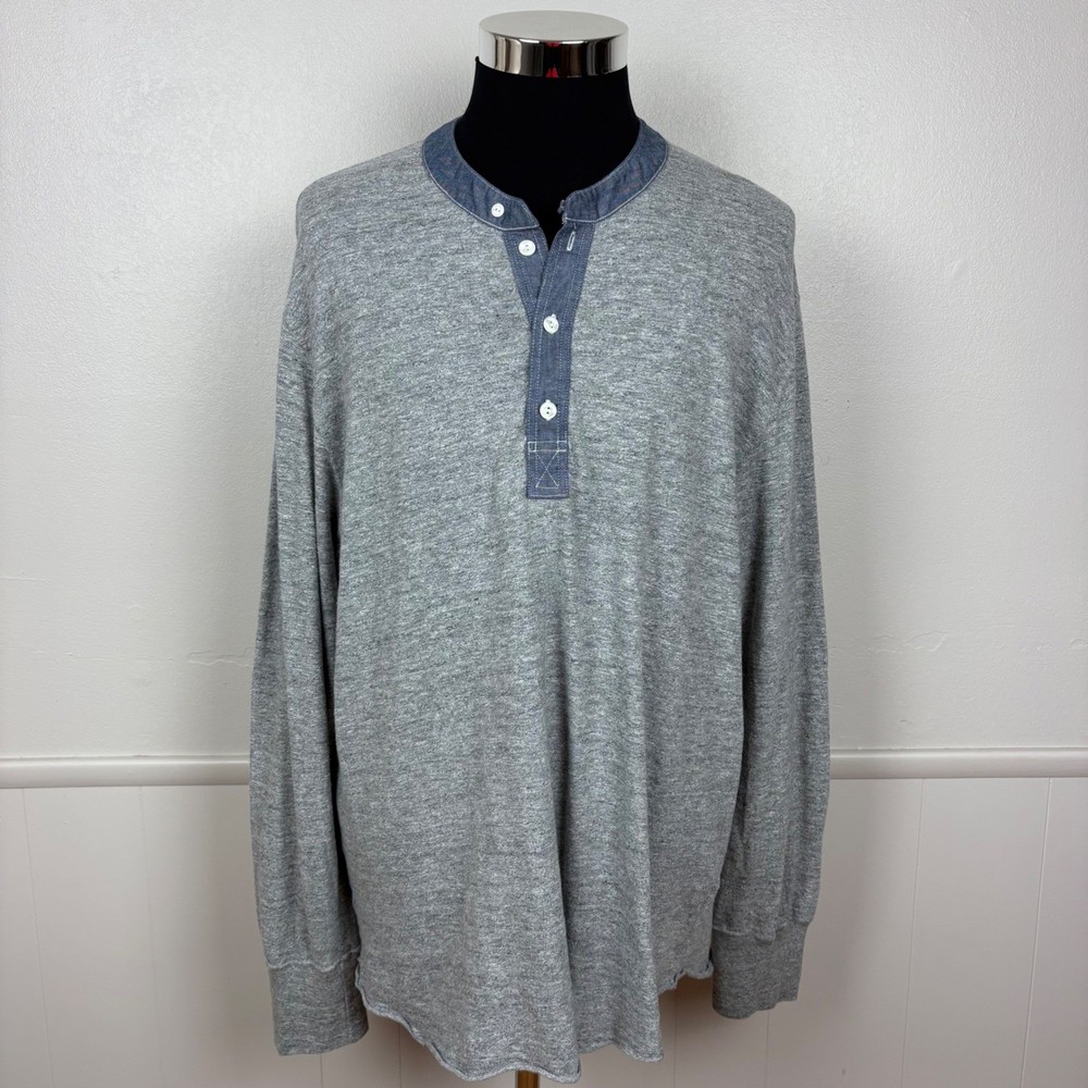 Todd Snyder Mens Henley Tee Shirt Sz XXL Gray Chambray Trim Long Sleeve American