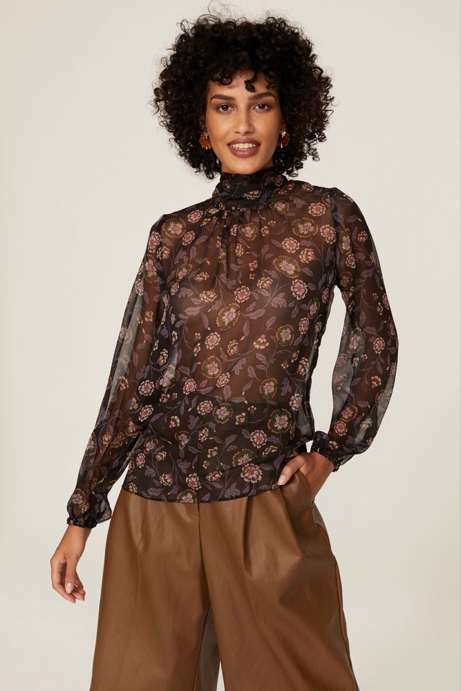 MISA Los Angeles Lulu Floral Top XS blouse Black long sleeve sheer tie bow Fairy