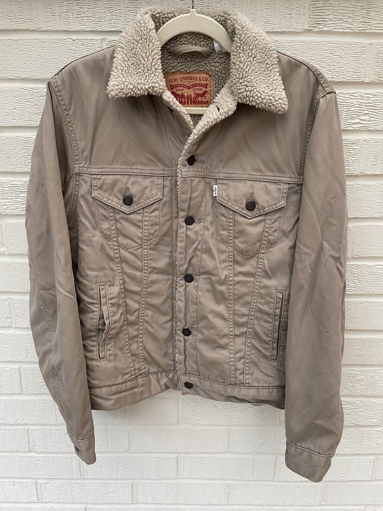 LEVIS Jacket Mens Small Beige Sherpa Borg Trucker Worker Fleece Canvas Type 3