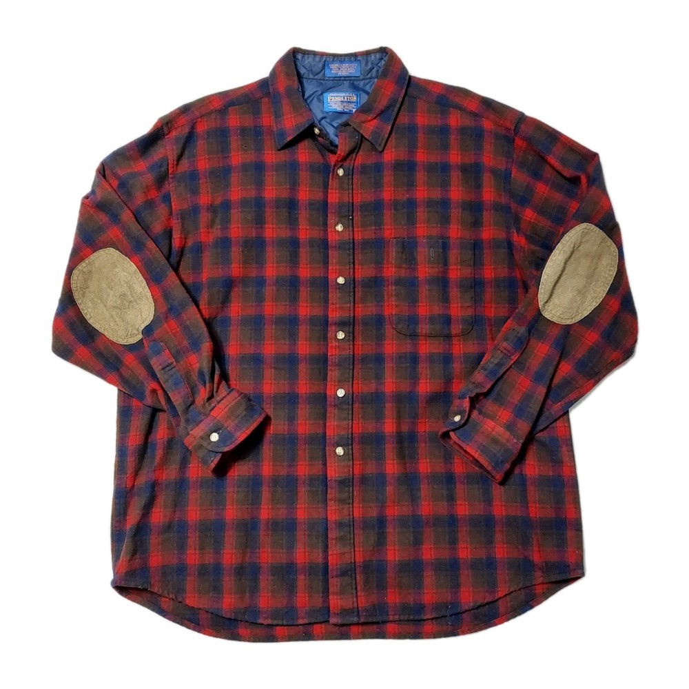Pendleton Wool Shirt Mens XL Red Plaid Elbow Patch Button Up USA Fabric - FLAWED
