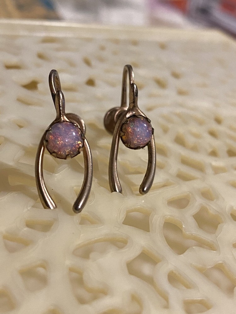 Vintage 12K GF Wishbone Fiery Red/Pink Opal  Screw back Earrings