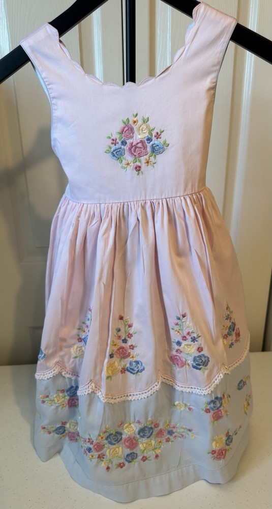 Girls Cotton Kids Sz 6 Embroidered Dress Pink/blue Beautiful Details Feminine