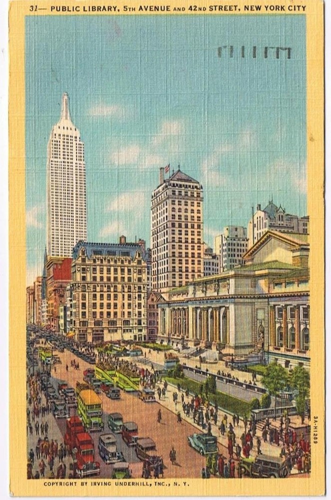 New York Postcard NYC Public Library 5th Ave 7 42nd St Empire State Building