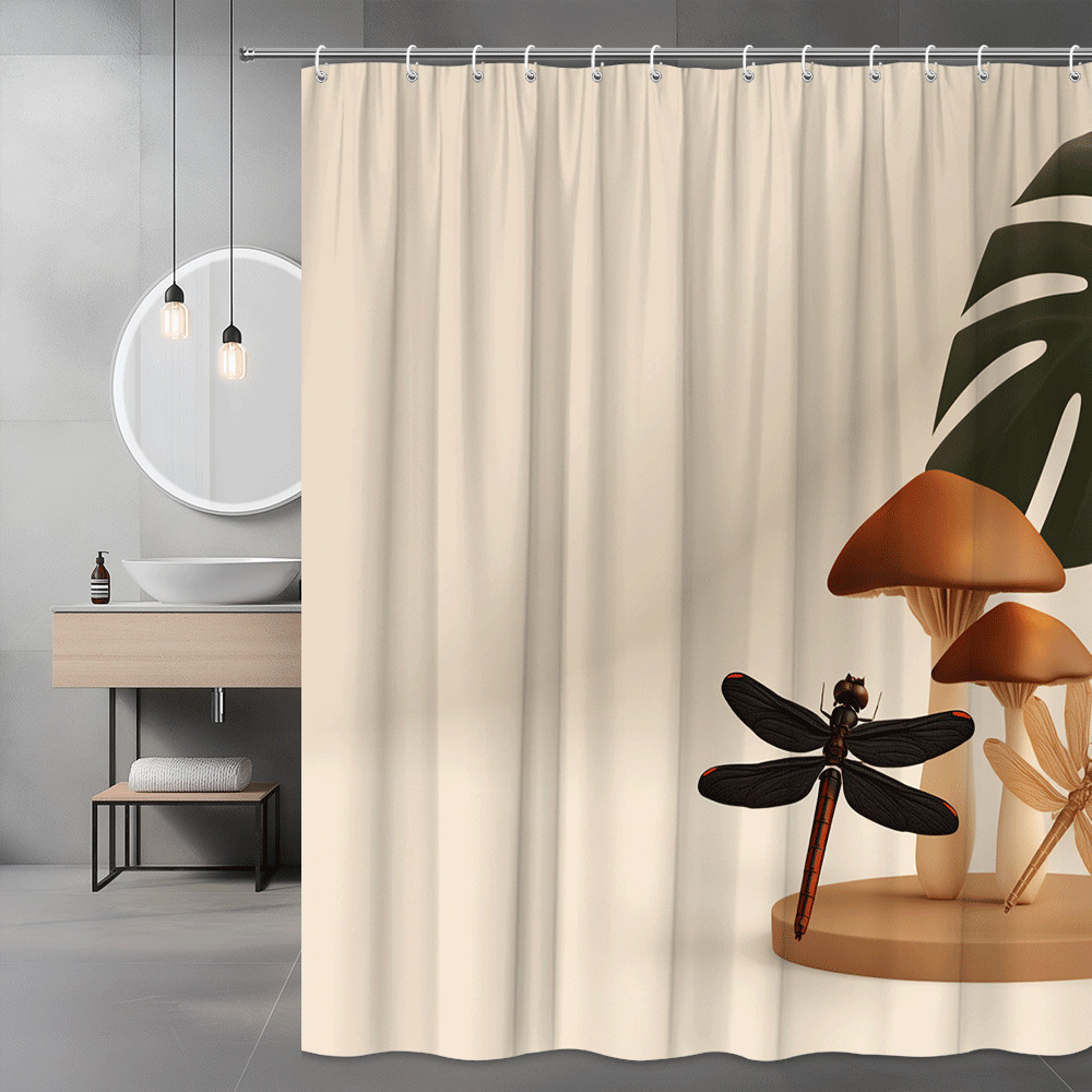 Mushroom Dragonfly Shower Curtain Beige Botanical Print