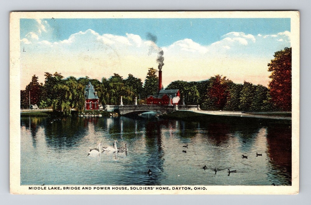 Dayton OH-Ohio Middle Lake Bridge & Power House Soldiers' Home Vintage Postcard