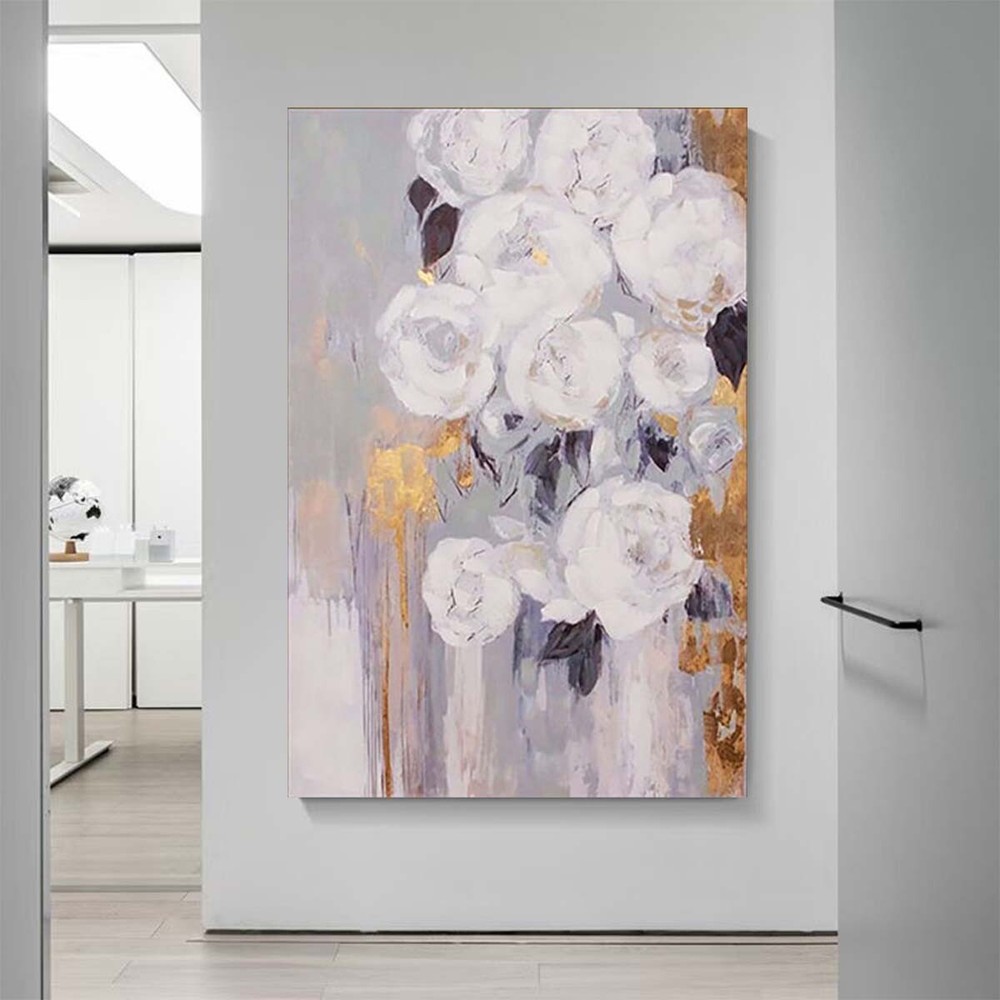 Custom White Peony Canvas Oil Painting Pure Handmade Gold Foil Light Luxury
