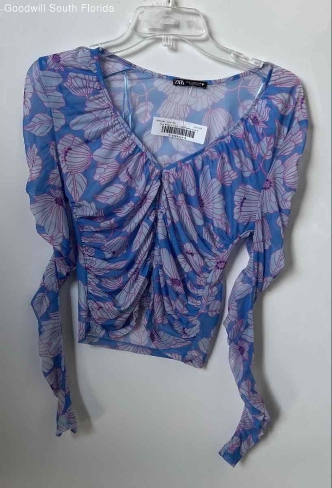 Zara Womens Blue Floral Printed V-Neck Long Sleeve Cropped Blouse Top Size M