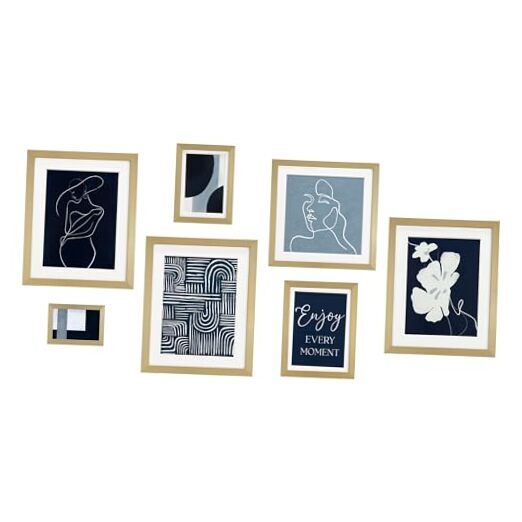 Framed 7 Pieces Blue Abstract Wall Art with Woman Body Line and Color Blocks-image