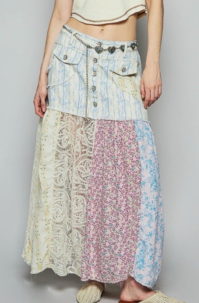 Pol Patchwork Skirt Colorful With Lace Details Size Large 10/12