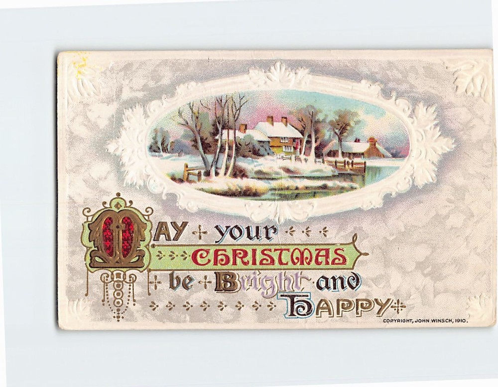 Postcard Embossed Winter Scene Christmas Holiday Greeting Card