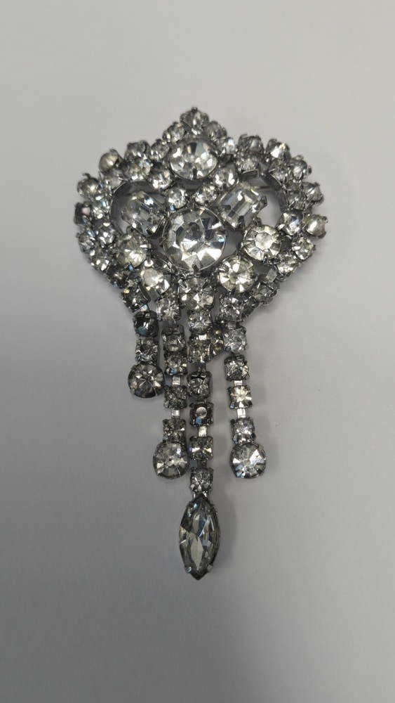 Vintage 1950s Large Clear Rhinestone Silver Tone Waterfall Brooch Bridal