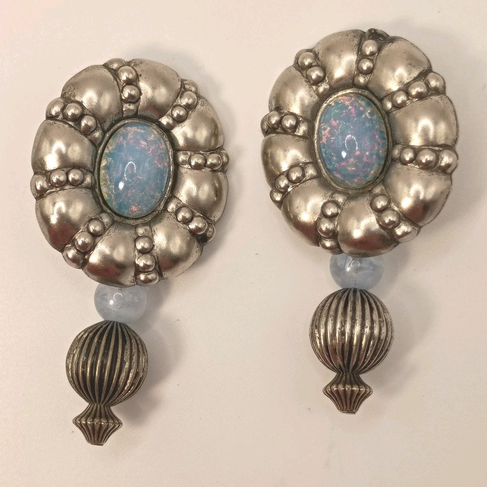 Vintage Faux Blue Opal Clip On Dangle Earrings Silver Tone Convertible