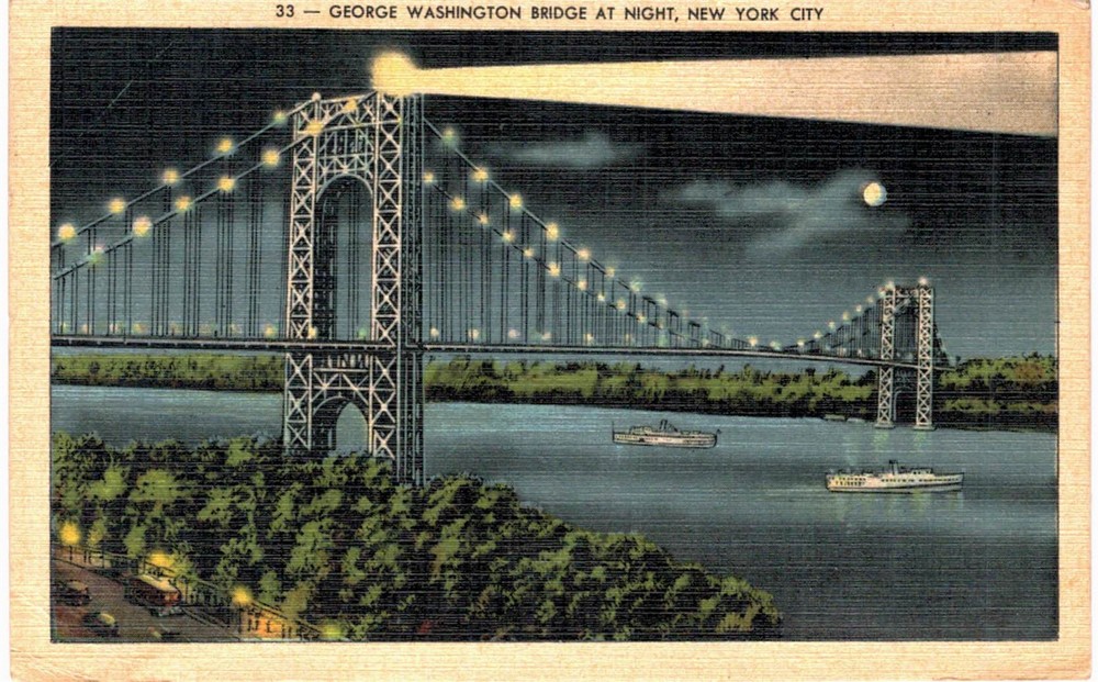 NYC George Washington Bridge Night Searchlight Shipping Linen 1940