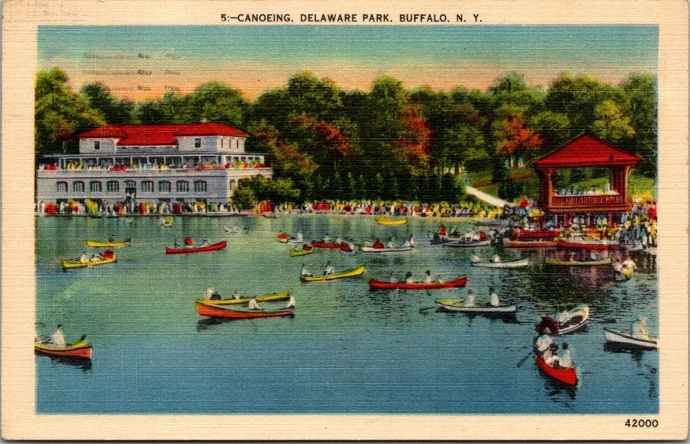 1945 Buffalo NY Delaware Park Canoeing Vintage Postcard Boathouse Gazebo