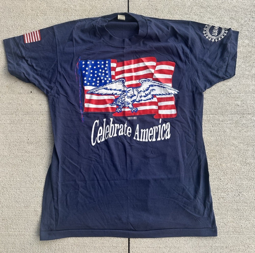 Vintage 90s UAW T-Shirt Union Bald Eagle American Flag Single Stitch Size XL