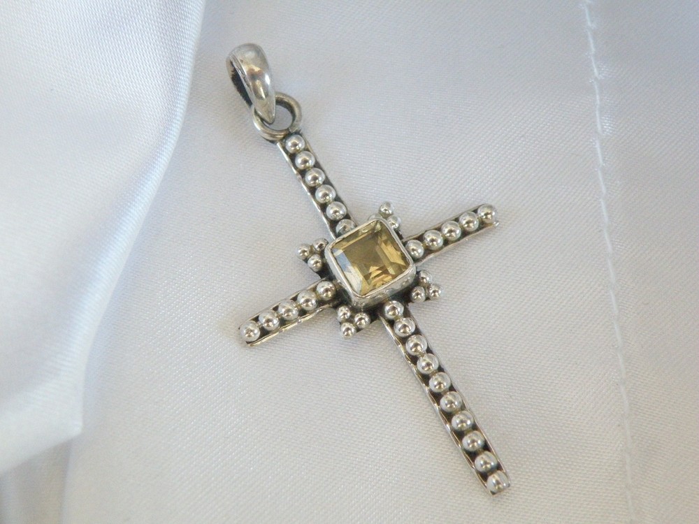 Large Sterling Silver 925 Vintage Natural Citrine Cross Pendant