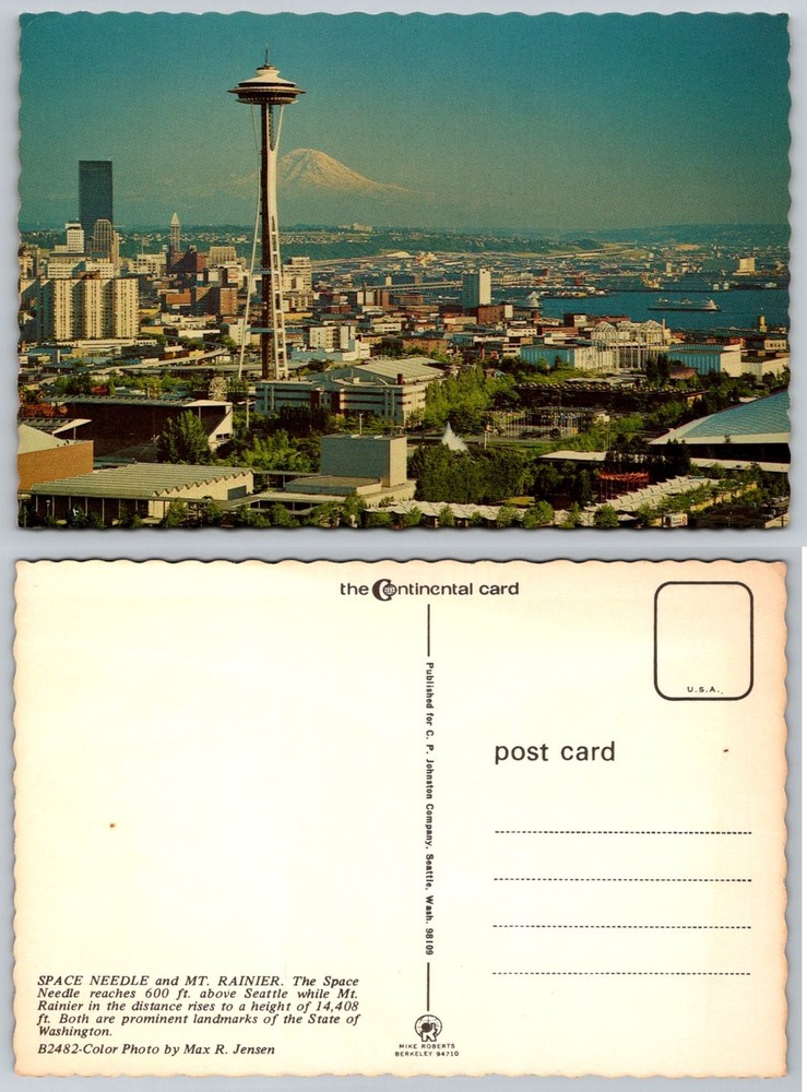 Seattle Space Needle & Mt Rainier Continental Postcard Max R. Jensen Photo