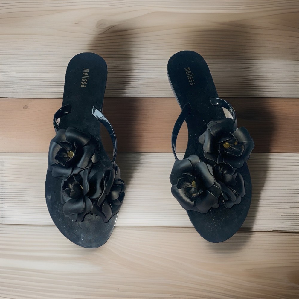 Melissa 7 D Women’s Black Floral Flower Flip Flop Jelly Sandals
