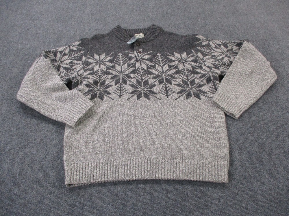 LL Bean Sweater Mens L Gray Lambs Wool Classic Ragg Henley Snowflake Pattern NEW