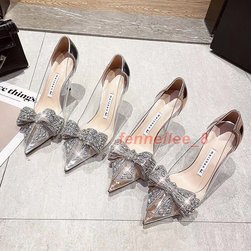 Women Clear Slip-On High Heel Rhinestone Bow Sandals for Party