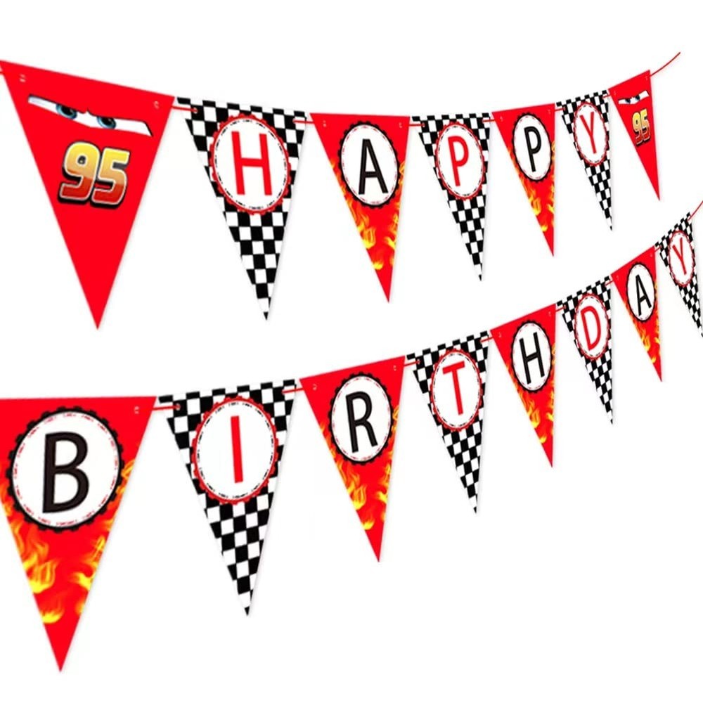 Race Car Happy Birthday Banner - Racing Themed Party Sign, Checkered Flag Dec...