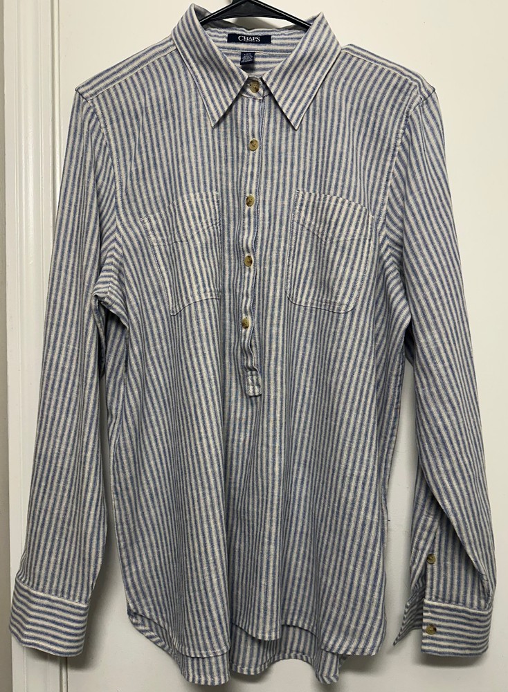 Chaps Women’s Size L Lagenlook Blue White Linen Blend Pinstriped Pullover Beach