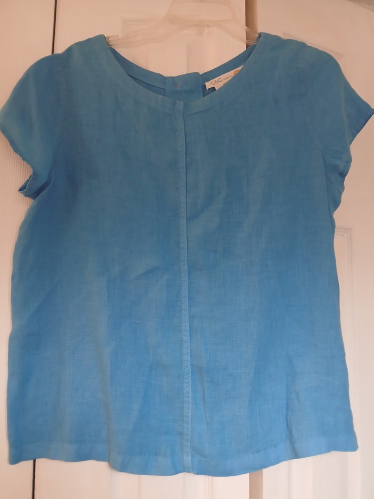 C&C California Womens M Linen Short Sleeve Back Button Top Blue