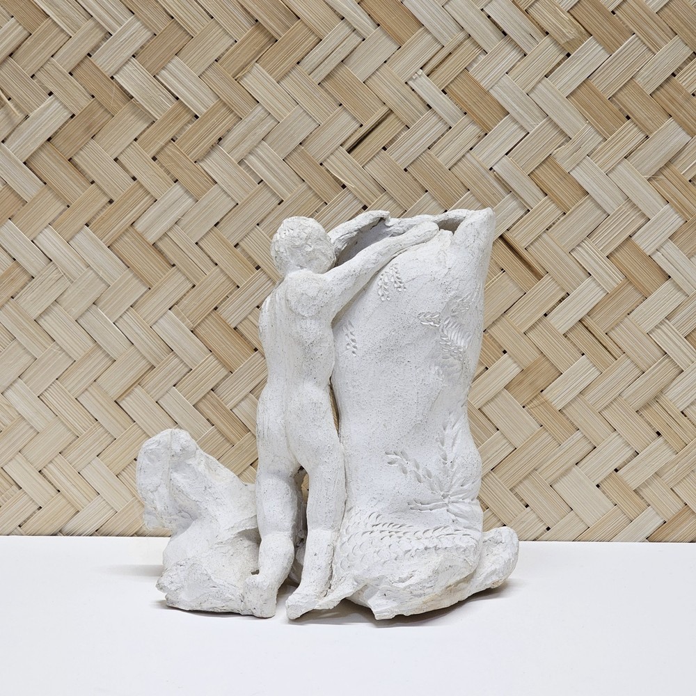 Vintage Plaster Sculpture of Nude Male Leaning on Tree Modern Impressionist Art