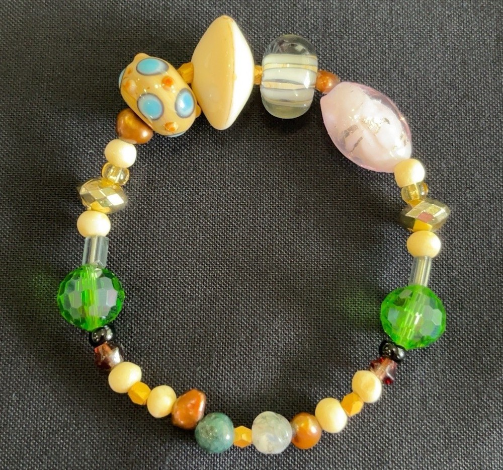 Artisan Stretch Bracelet Lampwork Glass Beads Green Crystal Mixed Media