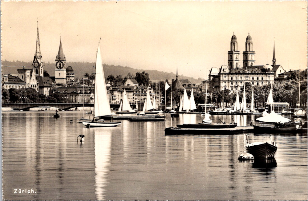 Vintage Postcard Sailboats on Lake Zurich City View Switzerland