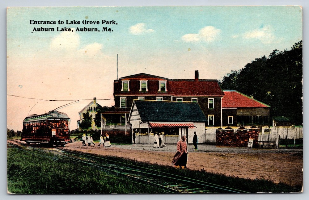 Entrance To Lake Grove Park Auburn Lake Maine Postcard 1910s Trolley Market
