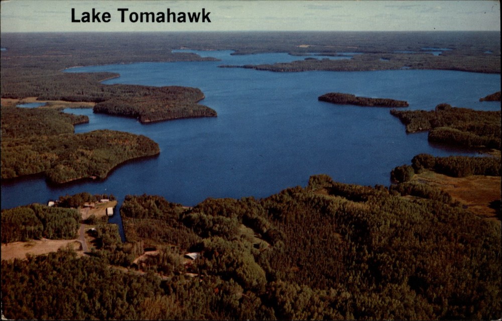 Lake Tomahawk Aerial view vintage postcard b206