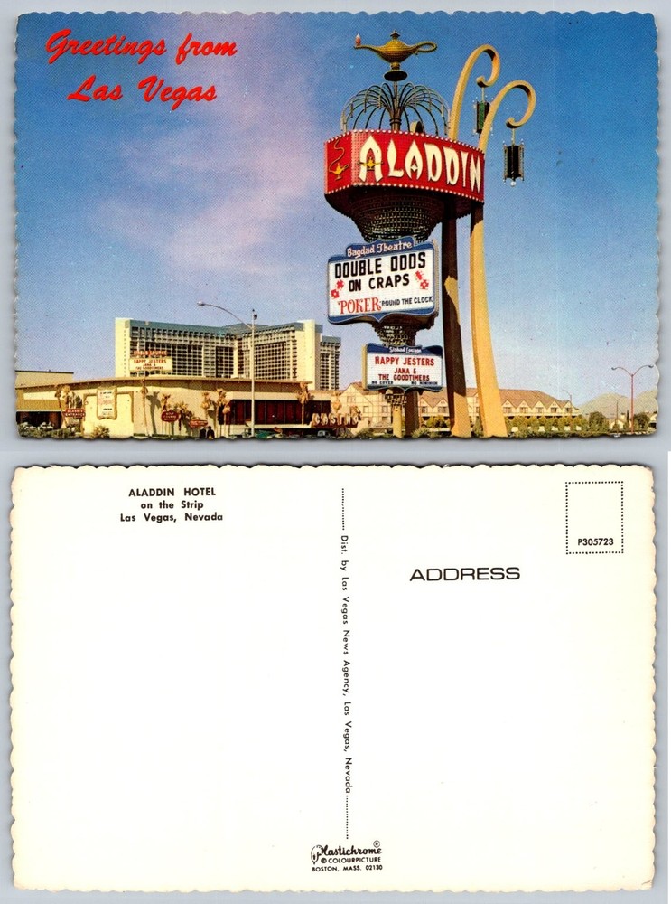 Vintage Las Vegas Aladdin Hotel Casino Neon Sign Postcard Genie Lamp 1960s