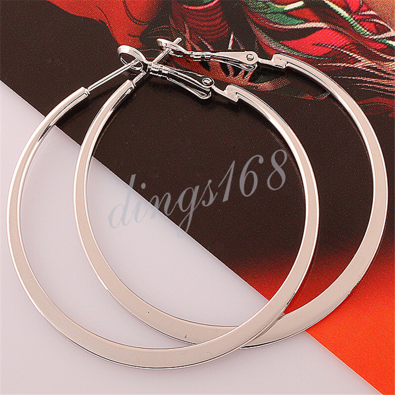 Genuine 18K White Gold Filled Hypoallergenic 2inch Large Flat Hoop Earrings P903