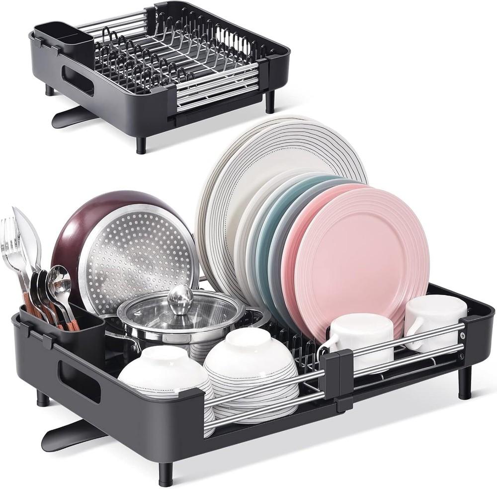 Modern Stainless Steel Extendable Dish Drainer with Non-Slip Kitchen Rack