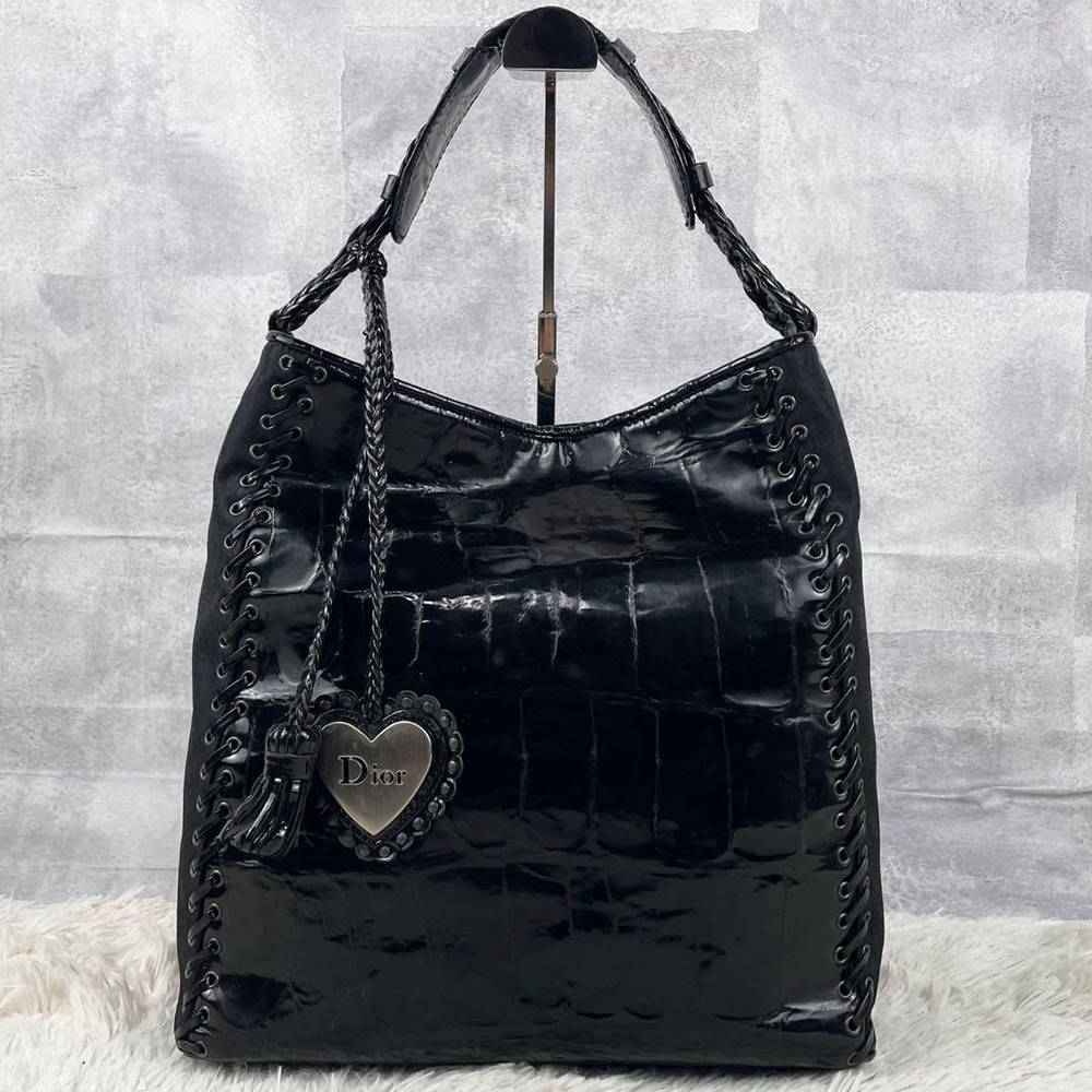 Dior Black Patent Leather Shoulder Bag with Crocodile Pattern and Heart Charm