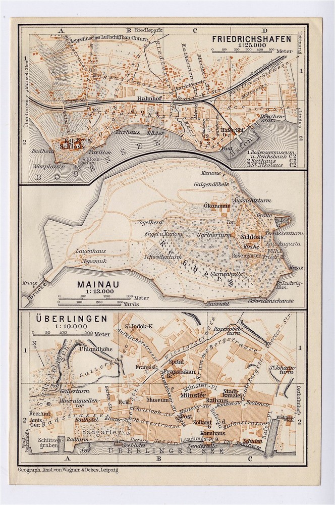 1910 Antique Map Mainau Ueberlingen Friedrichshafen Baden Wuerttemberg Germany