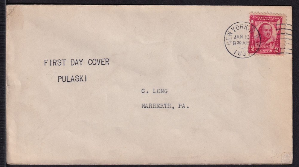 1931 General Pulaski Sc 690 FDC with unlisted cachet, New York NY cancel