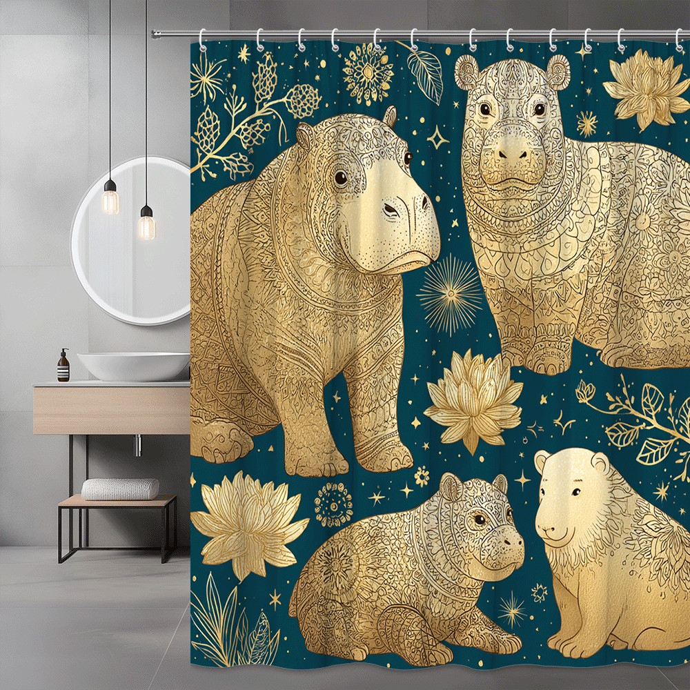Hippo Bear Floral Shower Curtain Gold on Teal Animal Print