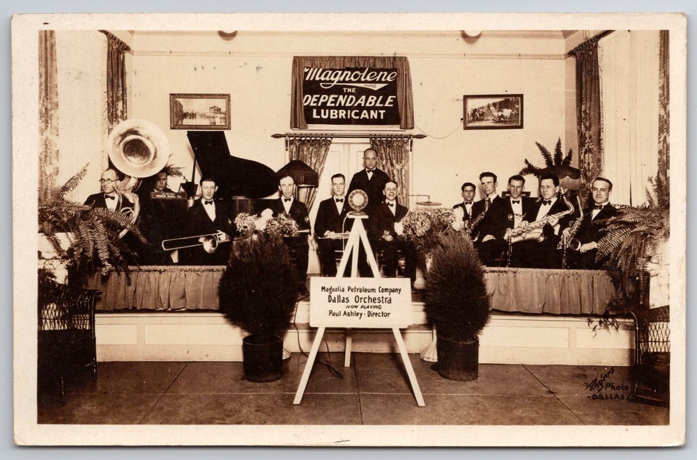 Magnolia Petroleum Co Ad Early Jazz RPPC Sign Orchestra Musician Texas Oil Lube