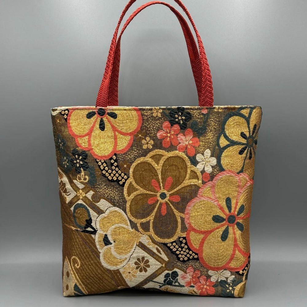Handmade Japanese Kimono Obi Silk Tote Bag with Gold Floral Pink Embroidery