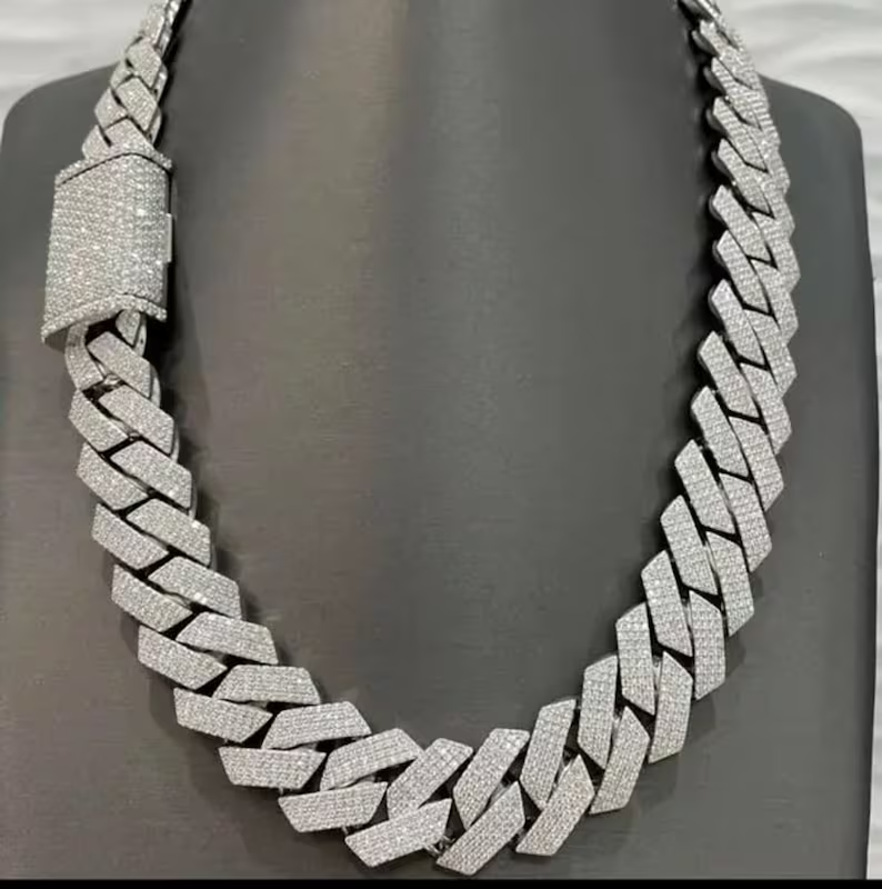 14K White Gold Plated 19MM Round Cut Simulated Diamond 4 Lines Cuban Link Chain