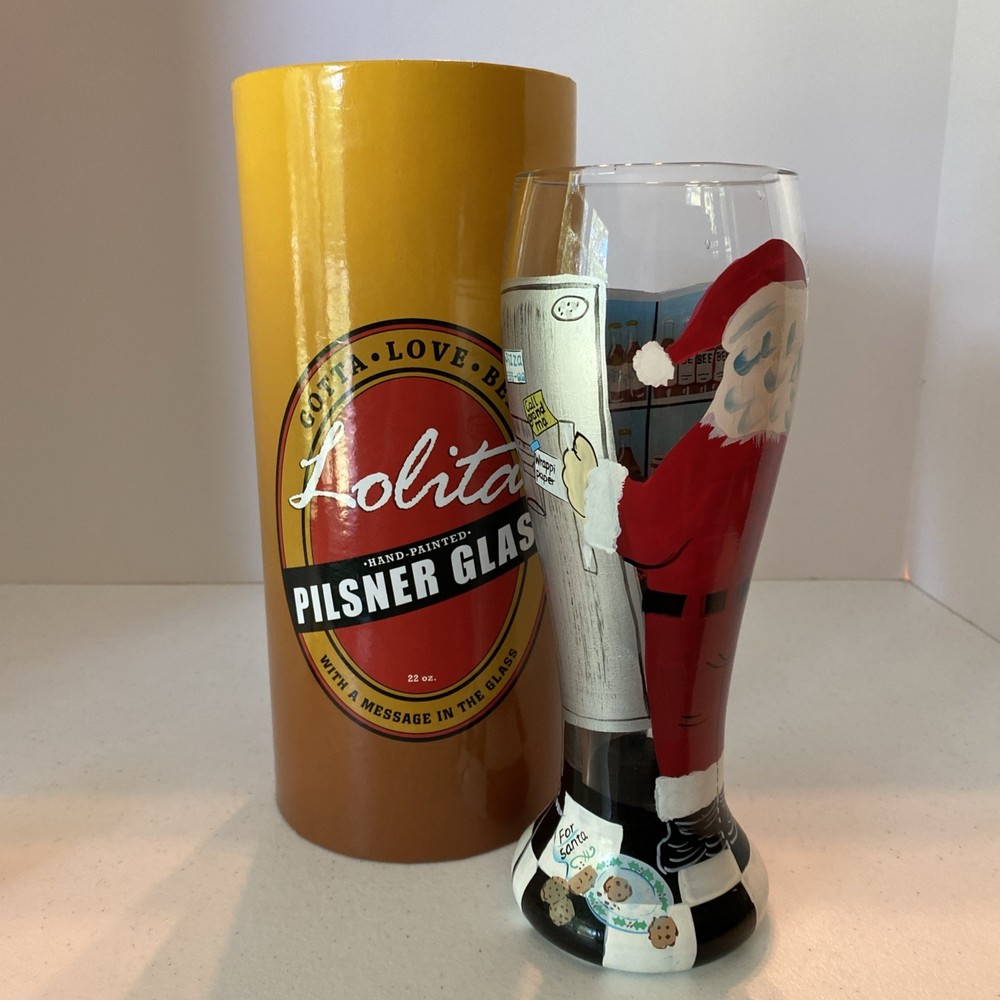 LOLITA Hand Painted SANTA WHO NEEDS MILK & COOKIES 22 Oz Pilsner GLASS  in BOX