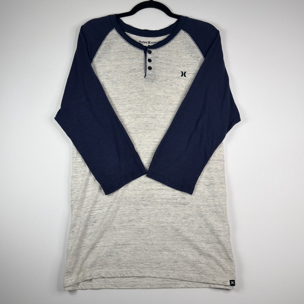 Hurley Henley Shirt Mens Large 3/4 Sleeve Raglan Buckle Gray Blue