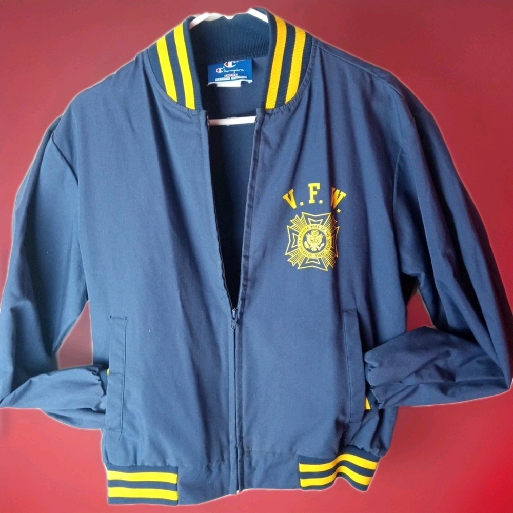 Vtg Champion VFW Veterans Foreign Wars Large Blue Bomber Jacket Ykk Zip USA Made
